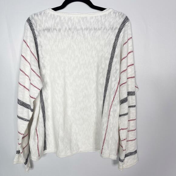 Hem & Thread Medium M White Striped Sleeve Scoop Neck Sweater Red Black Cotton - Picture 2 of 10
